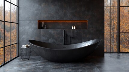 Modern black bathtub, autumn view, luxury bathroom, interior design
