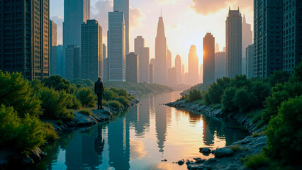 Obraz premium A lone figure stands at the edge of a small pond in a city, surrounded by towering skyscrapers.