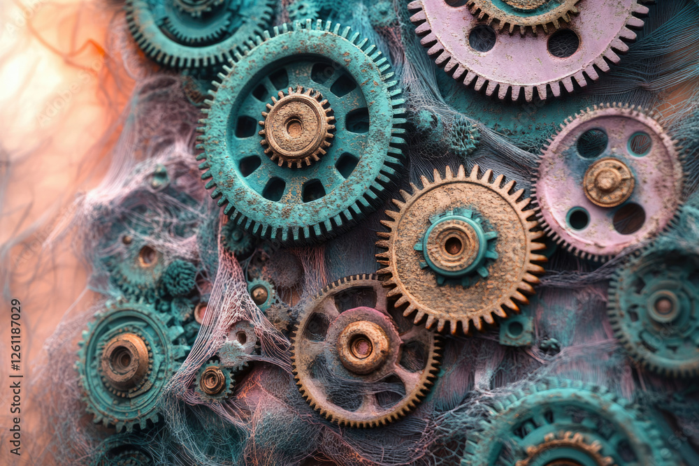 Aufkleber a close-up shot of intricately designed, rusty gears intertwined with cobwebs, creating a steampunk 