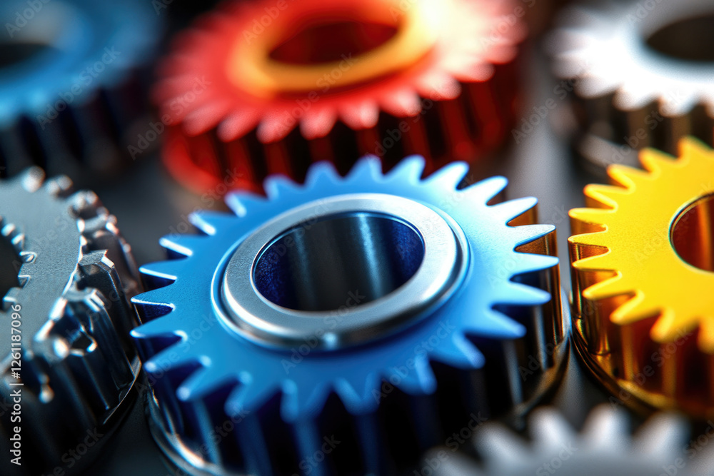 Poster colorful interlocking gears symbolize teamwork, collaboration, and the complex mechanisms of a syste