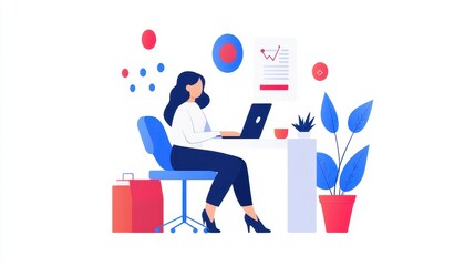 Businesswoman Working at Desk with Laptop and Plants in Office