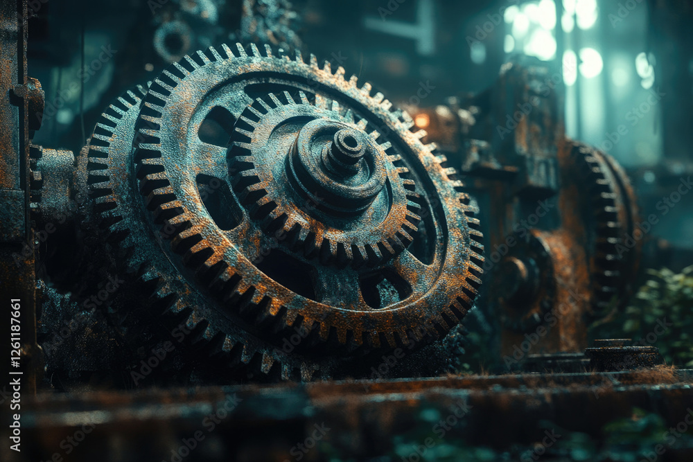 Poster Rusty gears interlock in an abandoned factory, showing signs of age and decay.