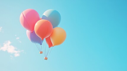 Colorful balloons floating in a light blue sky, carrying small boxes