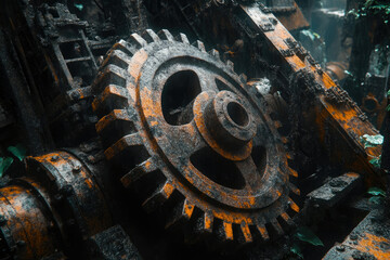 Rusty, overgrown industrial cogwheel, relic of forgotten machinery.