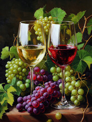 Fototapeta premium Painted still life of wine glasses with grapes and vines