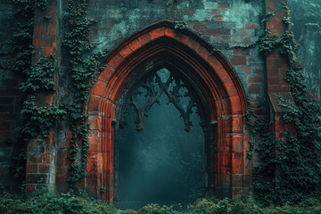 Fototapeta premium Overgrown ancient stone archway leads to a mysterious, misty forest. A gothic scene.