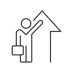 Man with a diplomat in his hand near an up arrow. Outline vector EPS 10. banner. Can be used for any platform or purpose. Action promotion and advertising. Business concept. Success icon.