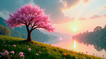A lone cherry blossom tree stands amidst a lush, green environment, its delicate pink petals reflecting the warm glow of sunrise over a tranquil lake.