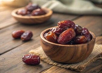 Sweet Medjool Dates in Wooden Bowls on Rustic Wooden Table