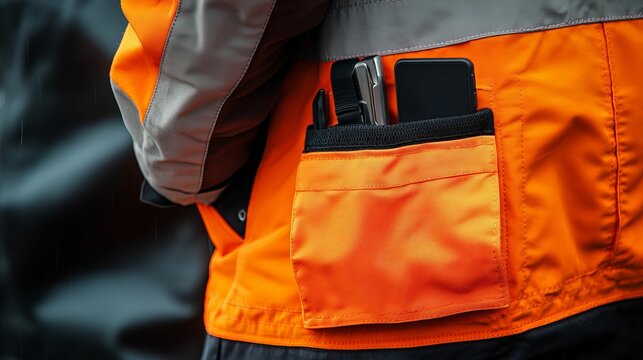 Bright orange workwear pocket holds tools, phone.