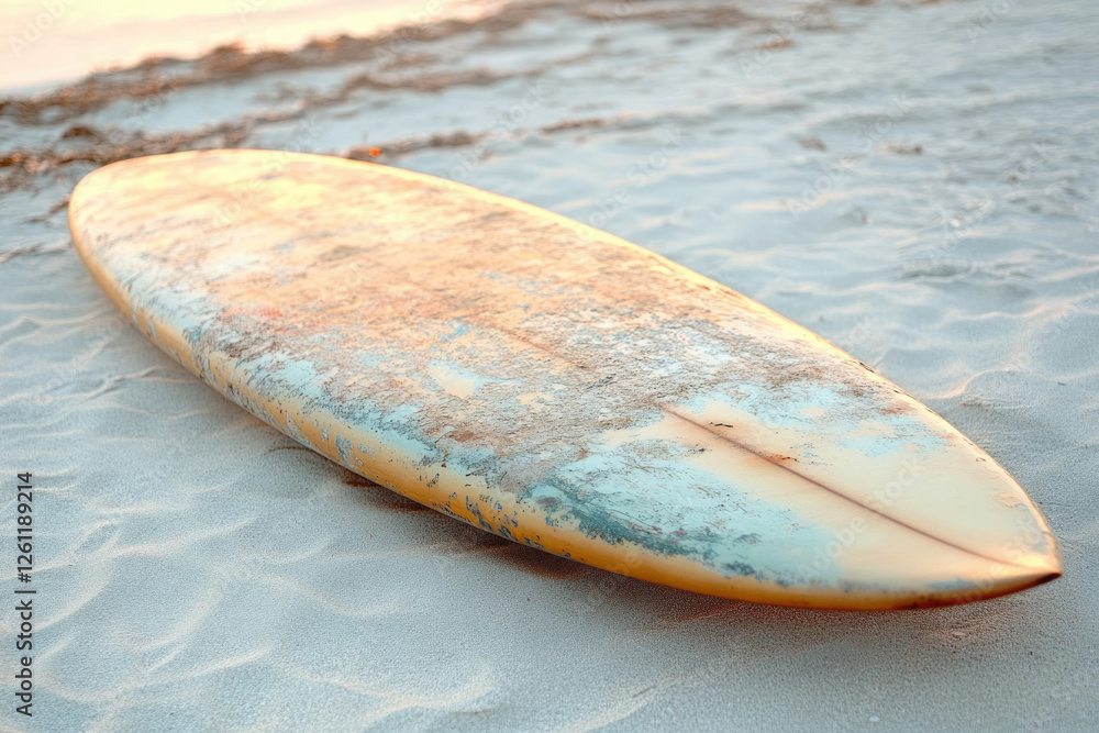 Wall mural A weathered surfboard rests on a sandy beach, bathed in the golden light of sunset.