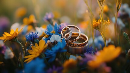 Fototapeta premium Wedding rings nestled in a bouquet of wildflowers, capturing the natural beauty and elegance