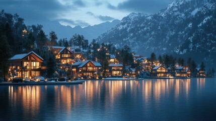 Fototapeta premium Snowy mountain lake village at twilight