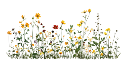 Wildflowers blooming with transparent background: vibrant summer meadow