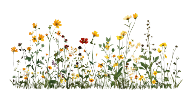 Wildflowers blooming with transparent background: vibrant summer meadow