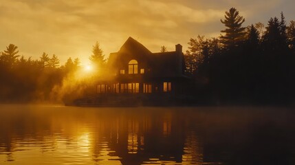 Fototapeta premium Sunrise Silhouette Of Lake House Amongst Trees