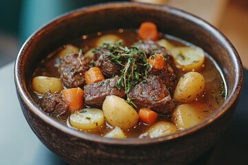 Beef stew, potatoes, carrots, thyme, restaurant, meal
