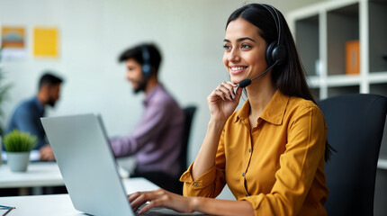 call center customer support and an indian beautiful woman with a headset in her office for help,customer girl calling, indian customer woman calling.