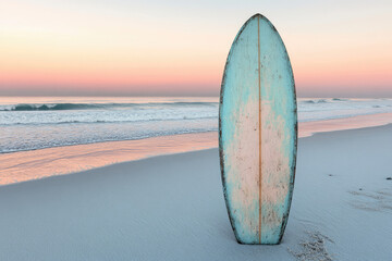 A weathered surfboard stands on a tranquil beach at sunset, capturing the serene beauty of the ocean.