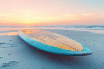 Obraz premium Surfboard on sandy beach at sunrise, peaceful ocean scene.