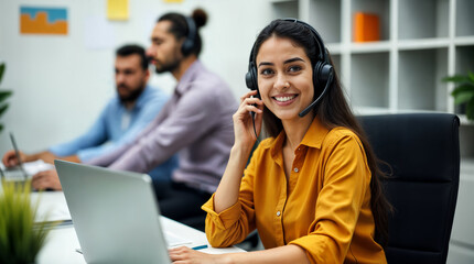 call center customer support and an indian beautiful woman with a headset in her office for help,customer girl calling, indian customer woman calling.