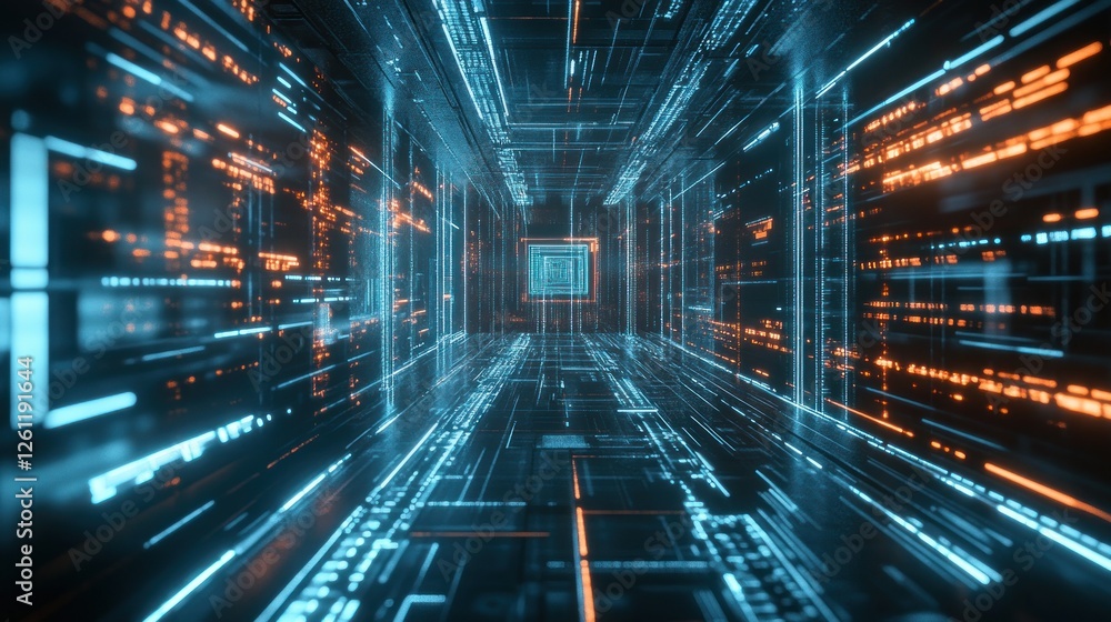 Poster futuristic data stream tunnel with glowing information technology lines