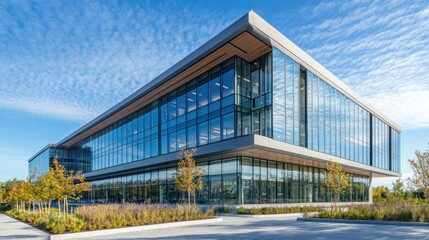 Obraz premium Modern Corporate Architecture: Glass Building Under a Bright Blue Sky