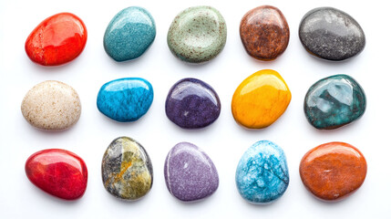 Set of colorful beach pebbles isolated on white background.