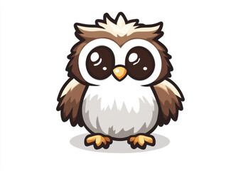 Obraz premium Chibi owl has fluffy brown and white feathers, large expressive eyes, and is adorably standing on a flat surface with a cheerful expression