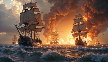 Sailing Ships Epic Sunset Seascape