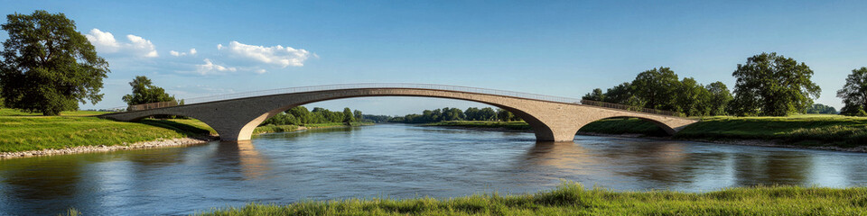 Fototapeta premium An elegant arch bridge spans a calm river surrounded by lush greenery and trees. Concept of tranquility and architectural beauty. For nature or travel photo.