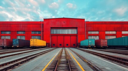 Obraz premium Red warehouse, train, cargo, shipping, containers, import, export, logistics, industry, sunset