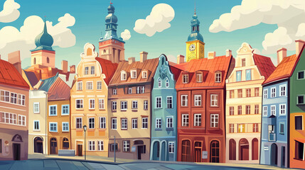 Fototapeta premium Illustration, Cityscape of Poznan in Poland , touristic advertisement poster. Beautiful old historical houses in the city centre. Touristic must-see city eastern Europe. Beautiful travel destination