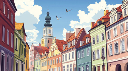 Naklejka premium Illustration, Cityscape of Poznan in Poland , touristic advertisement poster. Beautiful old historical houses in the city centre. Touristic must-see city eastern Europe. Beautiful travel destination