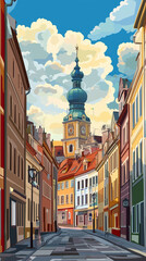 Naklejka premium Illustration, Cityscape of Poznan in Poland , touristic advertisement poster. Beautiful old historical houses in the city centre. Touristic must-see city eastern Europe. Beautiful travel destination