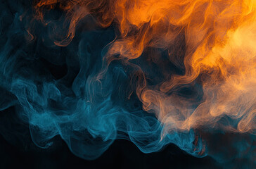 Abstract swirling blue and orange smoke, dark background, design element