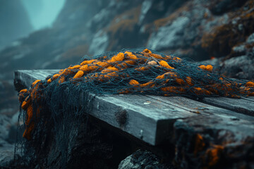 Fototapeta premium A dark, weathered wooden plank holds a fishing net laden with orange-tinted sea-soaked treasures, hinting at a coastal story.