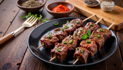 Fototapeta premium Juicy lamb skewers sizzling on rustic plate, culinary delight