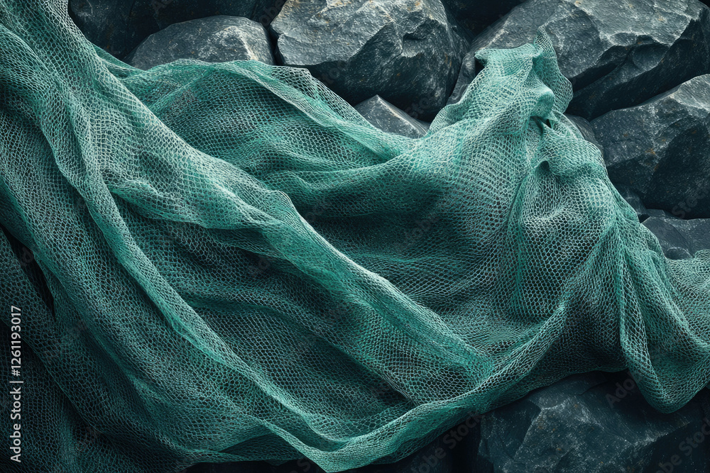 Wall mural teal fishing net draped over dark rocks, creating a textured, abstract scene.
