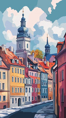 Obraz premium Illustration, Cityscape of Poznan in Poland , touristic advertisement poster. Beautiful old historical houses in the city centre. Touristic must-see city eastern Europe. Beautiful travel destination