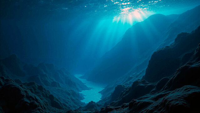 Towering underwater mountains, glowing blue light, undulating shape, plankton, oceanic abyss.
