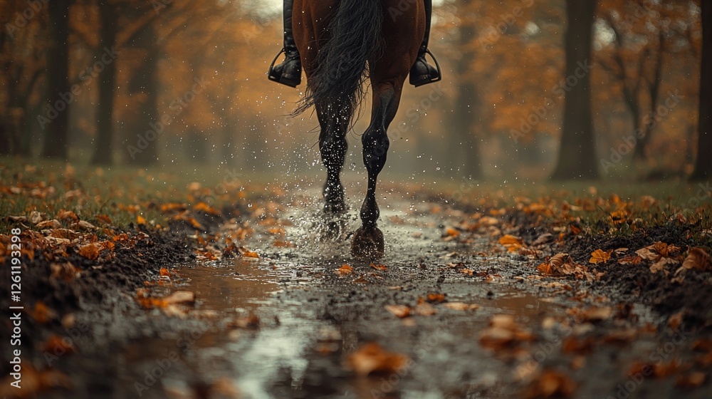 Wall mural A person riding a horse through a puddle of water