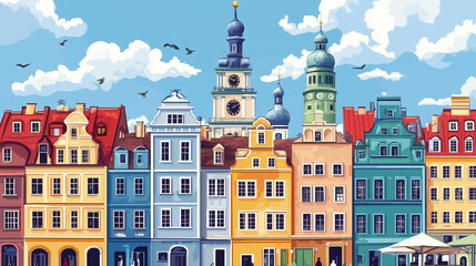 Obraz premium Illustration, Cityscape of Poznan in Poland , touristic advertisement poster. Beautiful old historical houses in the city centre. Touristic must-see city eastern Europe. Beautiful travel destination