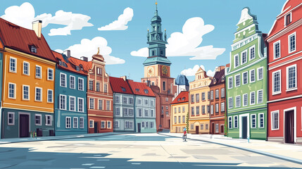 Obraz premium Illustration, Cityscape of Poznan in Poland , touristic advertisement poster. Beautiful old historical houses in the city centre. Touristic must-see city eastern Europe. Beautiful travel destination