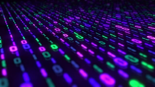 3d animation of technology surface with glowing binary code in vibrant colors