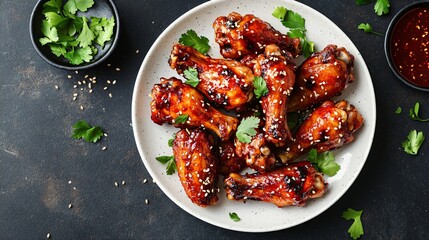 Top View of Chicken Wings with Sesame Seeds on Plate