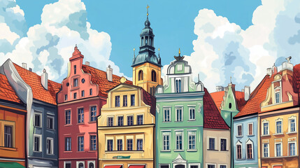 Obraz premium Illustration, Cityscape of Poznan in Poland , touristic advertisement poster. Beautiful old historical houses in the city centre. Touristic must-see city eastern Europe. Beautiful travel destination