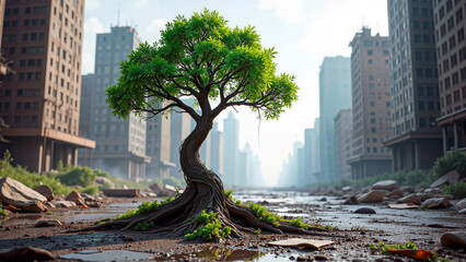 Obraz premium A lone tree grows from cracked pavement, surrounded by tangled vines and shattered glass amidst steel skyscrapers.
