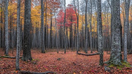 Obraz premium Autumn forest path, red tree, fallen leaves, misty background, nature wallpaper