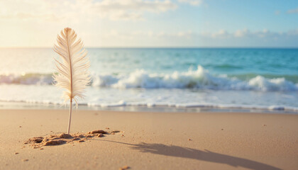 Delicate white feather caught in ocean breeze at dawn, ocean harmony